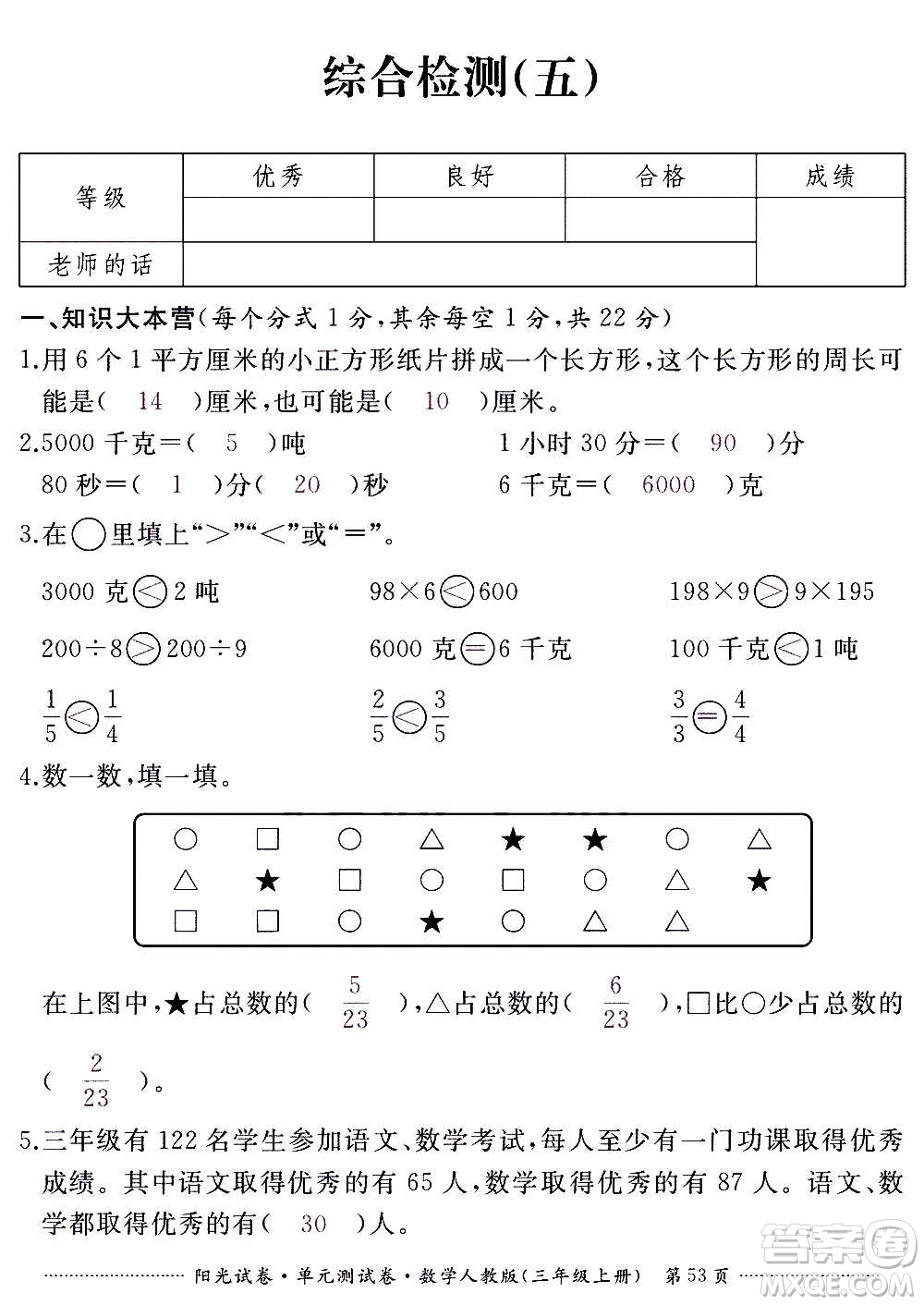 江西高校出版社2020陽光試卷單元測試卷數(shù)學(xué)三年級上冊人教版答案