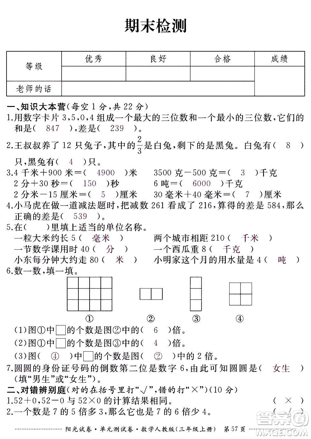 江西高校出版社2020陽光試卷單元測試卷數(shù)學(xué)三年級上冊人教版答案