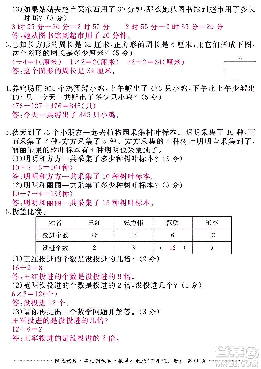 江西高校出版社2020陽光試卷單元測試卷數(shù)學(xué)三年級上冊人教版答案