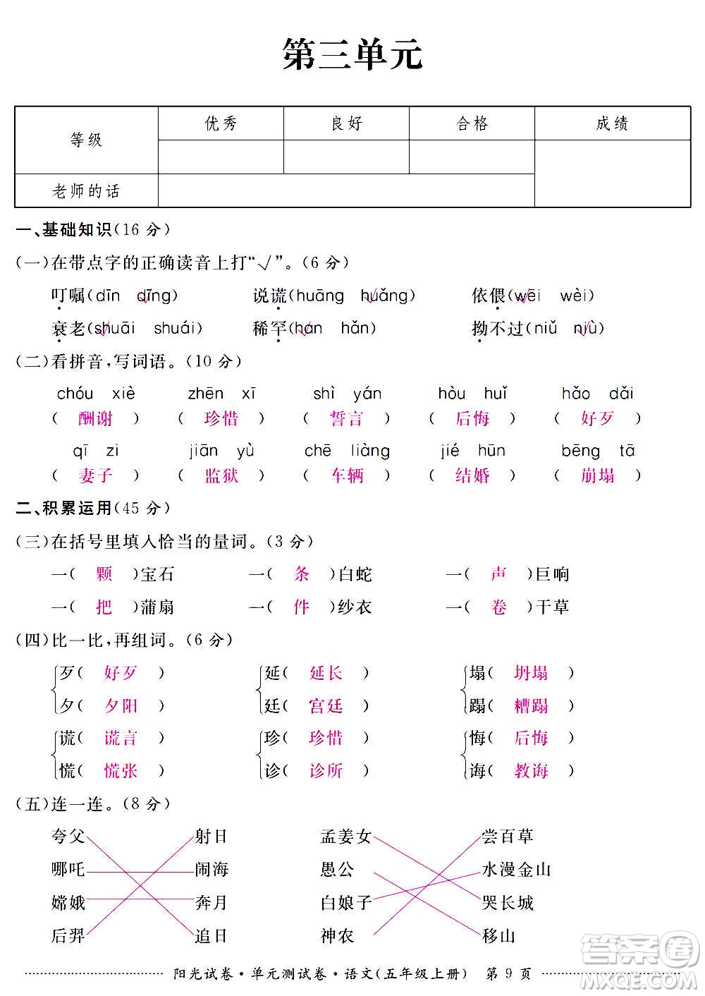 江西高校出版社2020陽光試卷單元測試卷語文五年級上冊人教版答案