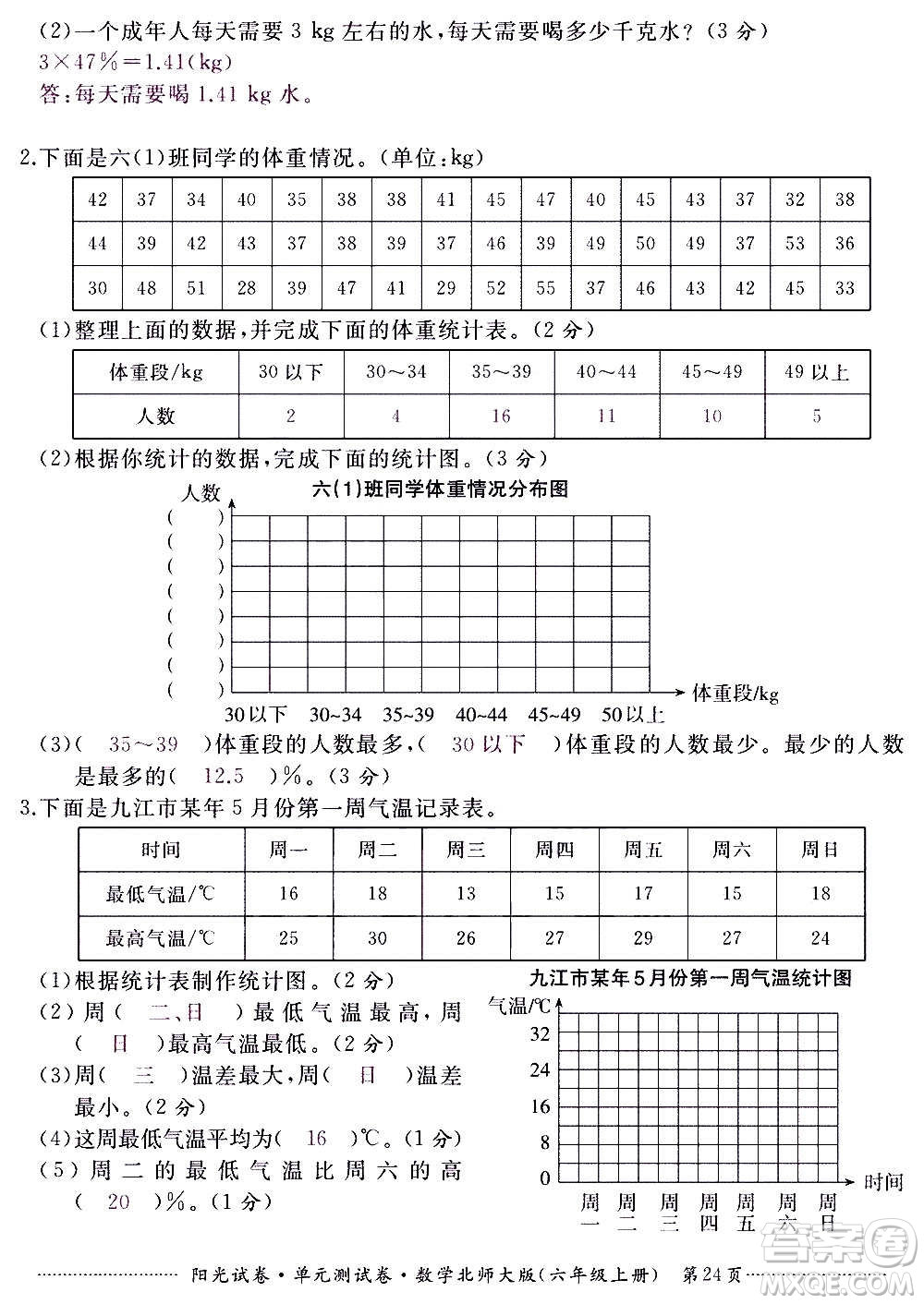 江西高校出版社2020陽光試卷單元測試卷數(shù)學六年級上冊北師大版答案