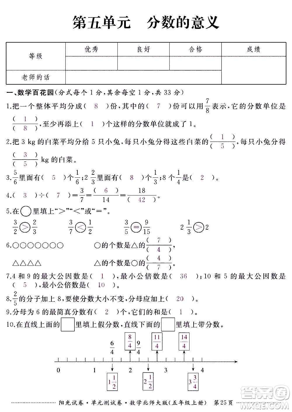 江西高校出版社2020陽光試卷單元測試卷數(shù)學(xué)五年級上冊北師大版答案