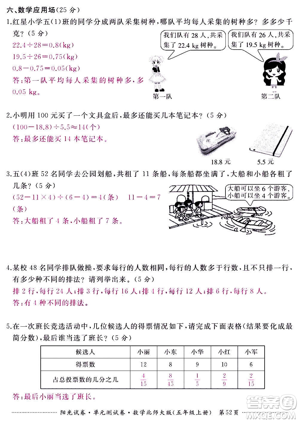 江西高校出版社2020陽光試卷單元測試卷數(shù)學(xué)五年級上冊北師大版答案