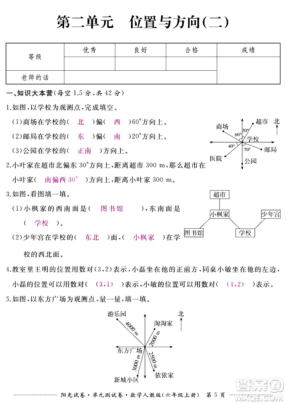 江西高校出版社2020陽光試卷單元測試卷數(shù)學(xué)六年級上冊人教版答案
