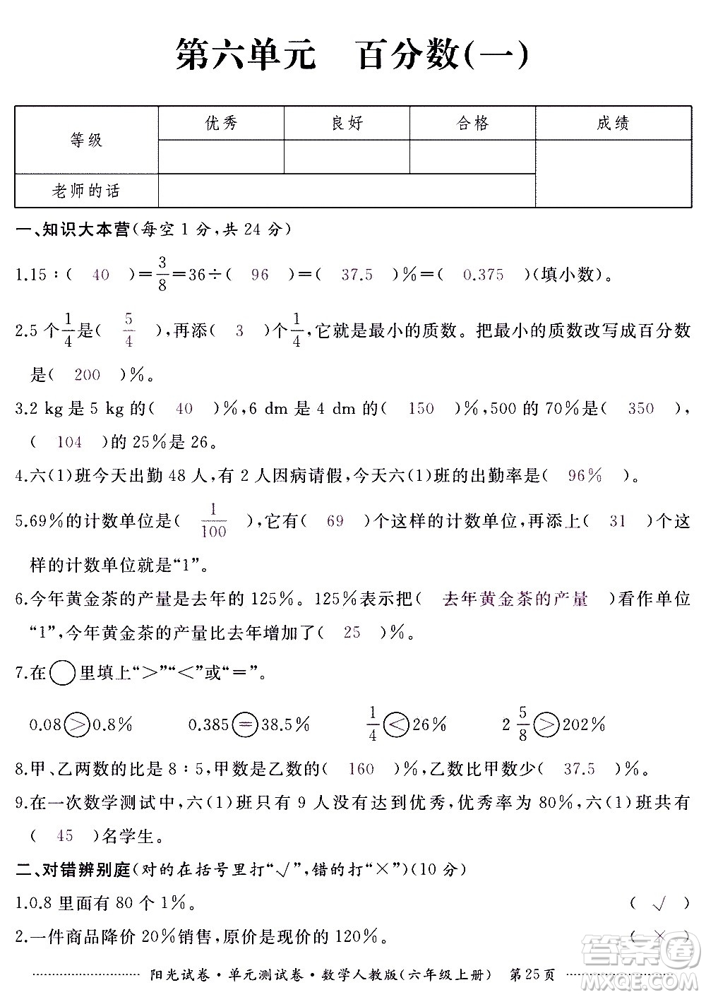 江西高校出版社2020陽光試卷單元測試卷數(shù)學(xué)六年級上冊人教版答案