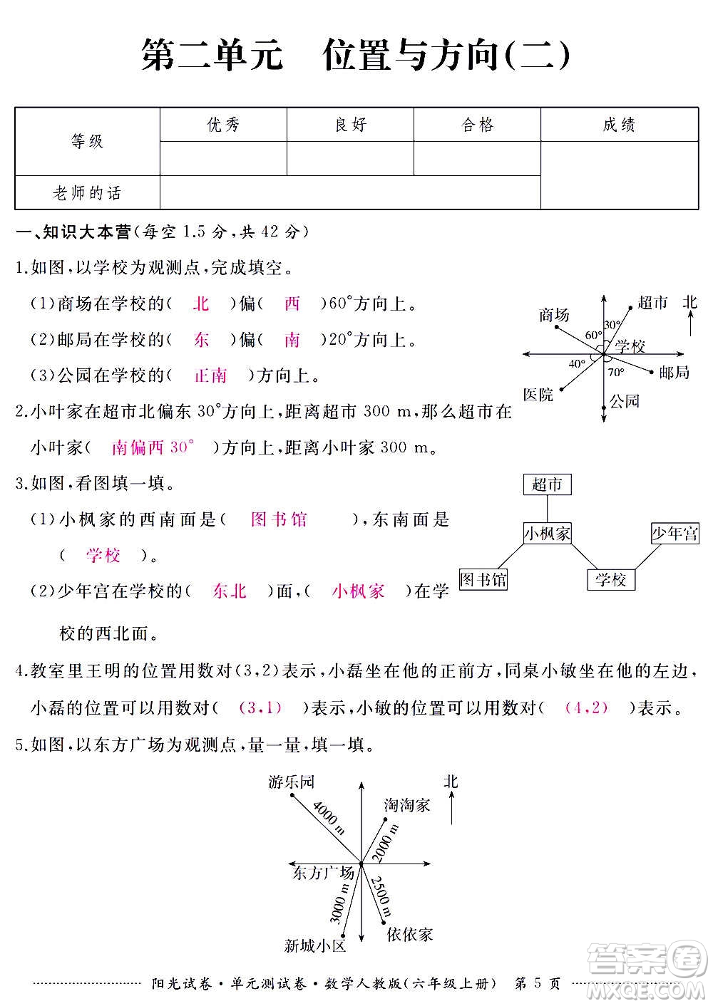 江西高校出版社2020陽光試卷單元測試卷數(shù)學(xué)六年級上冊人教版答案