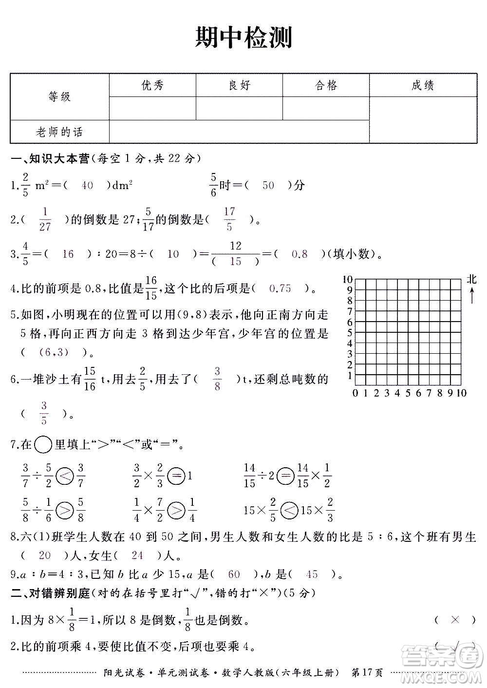 江西高校出版社2020陽光試卷單元測試卷數(shù)學(xué)六年級上冊人教版答案