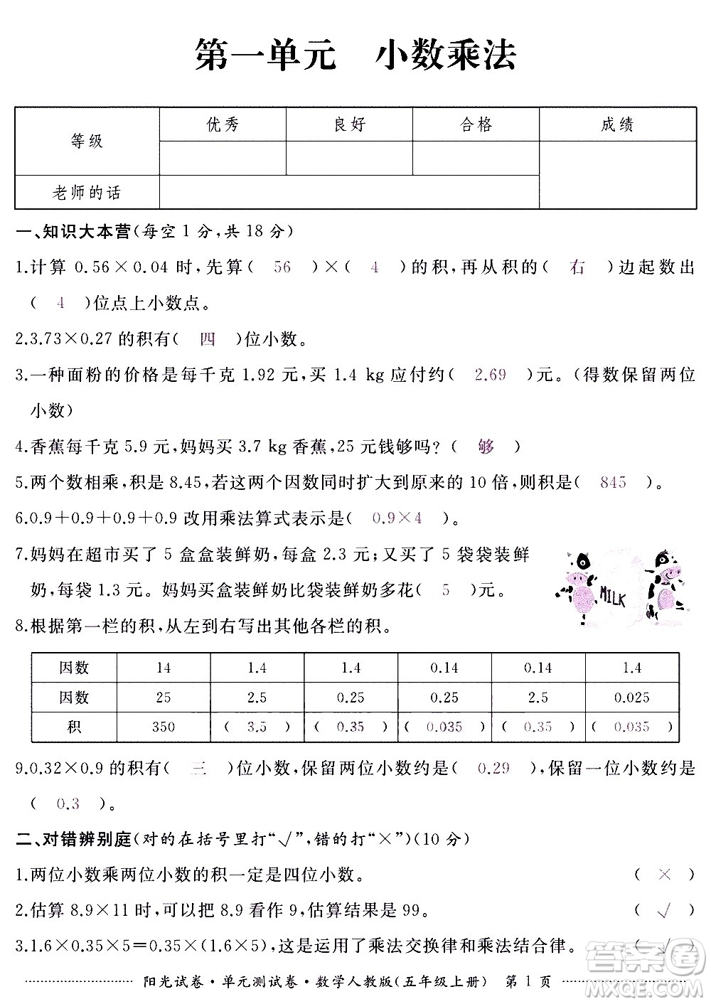 江西高校出版社2020陽光試卷單元測(cè)試卷數(shù)學(xué)五年級(jí)上冊(cè)人教版答案