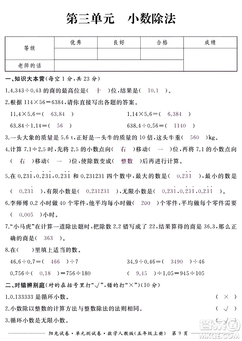 江西高校出版社2020陽光試卷單元測(cè)試卷數(shù)學(xué)五年級(jí)上冊(cè)人教版答案