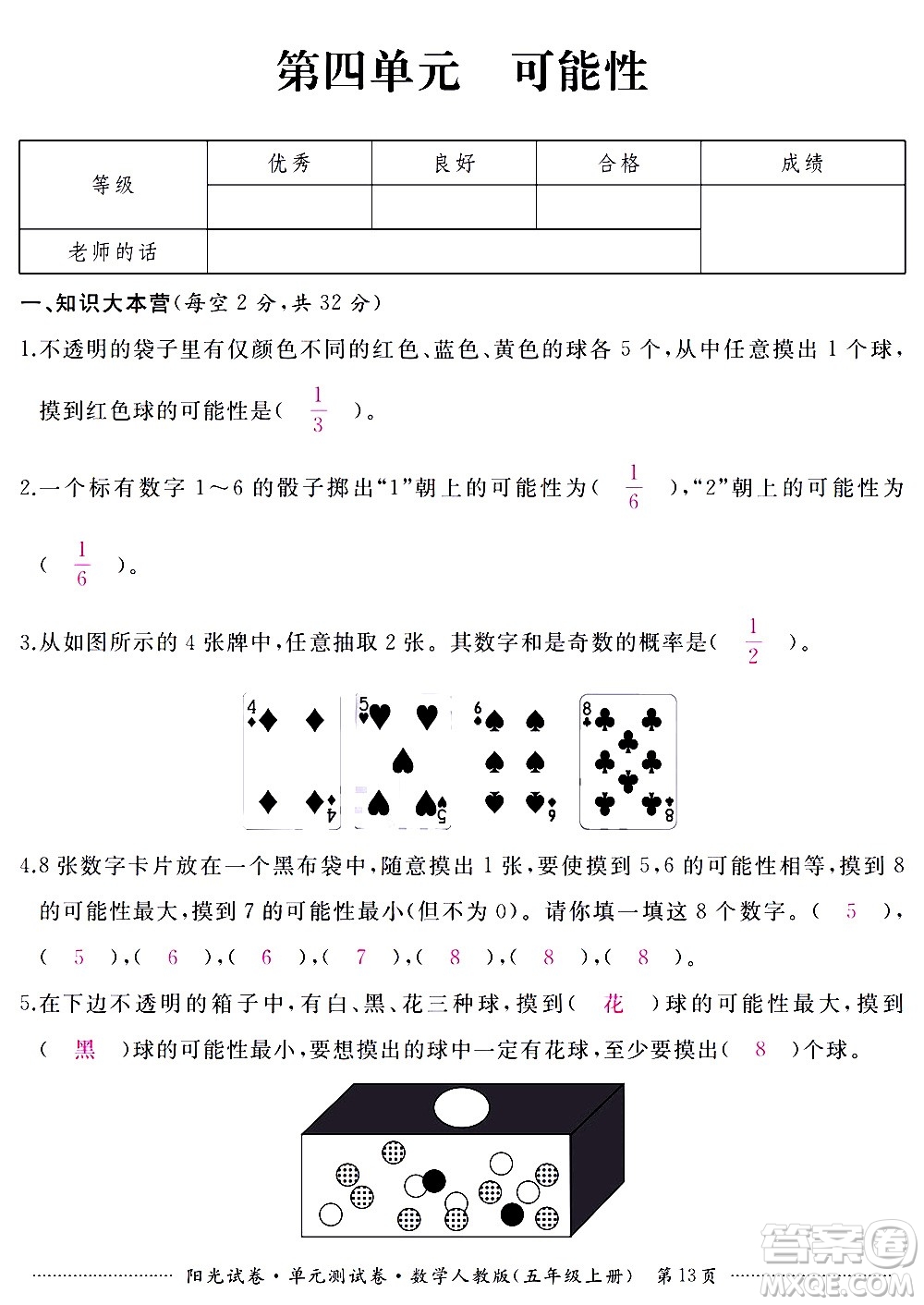 江西高校出版社2020陽光試卷單元測(cè)試卷數(shù)學(xué)五年級(jí)上冊(cè)人教版答案