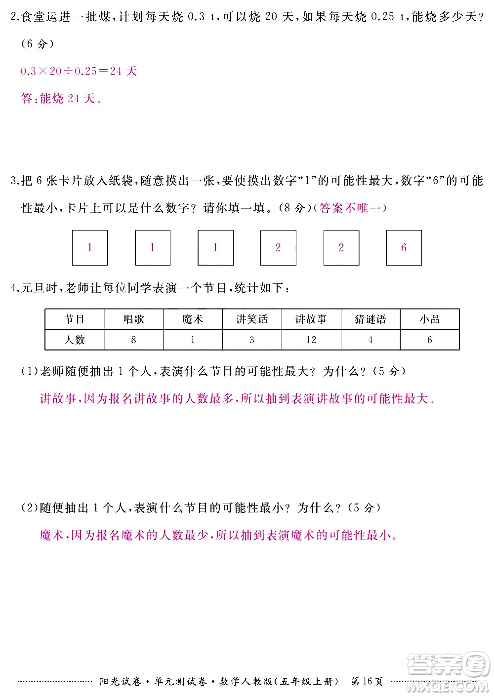 江西高校出版社2020陽光試卷單元測(cè)試卷數(shù)學(xué)五年級(jí)上冊(cè)人教版答案