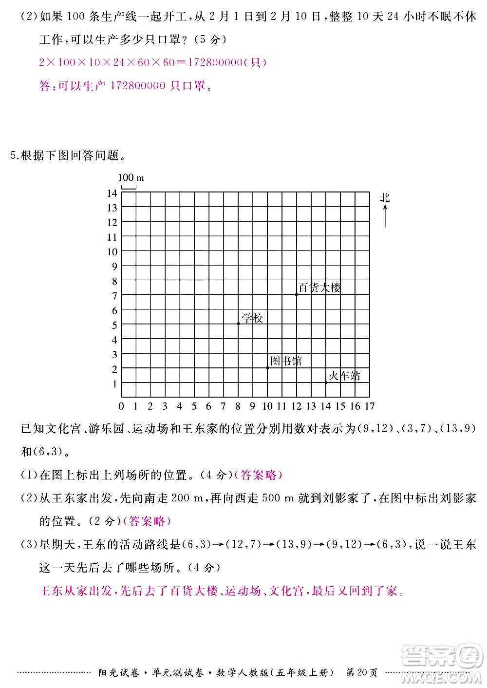 江西高校出版社2020陽光試卷單元測(cè)試卷數(shù)學(xué)五年級(jí)上冊(cè)人教版答案