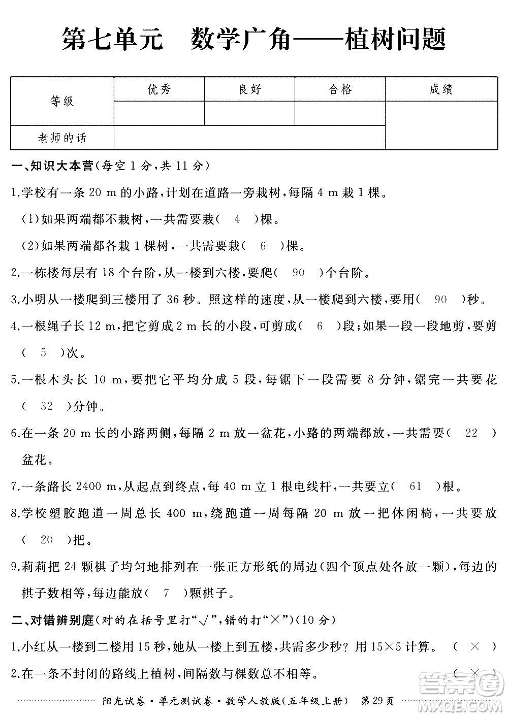江西高校出版社2020陽光試卷單元測(cè)試卷數(shù)學(xué)五年級(jí)上冊(cè)人教版答案