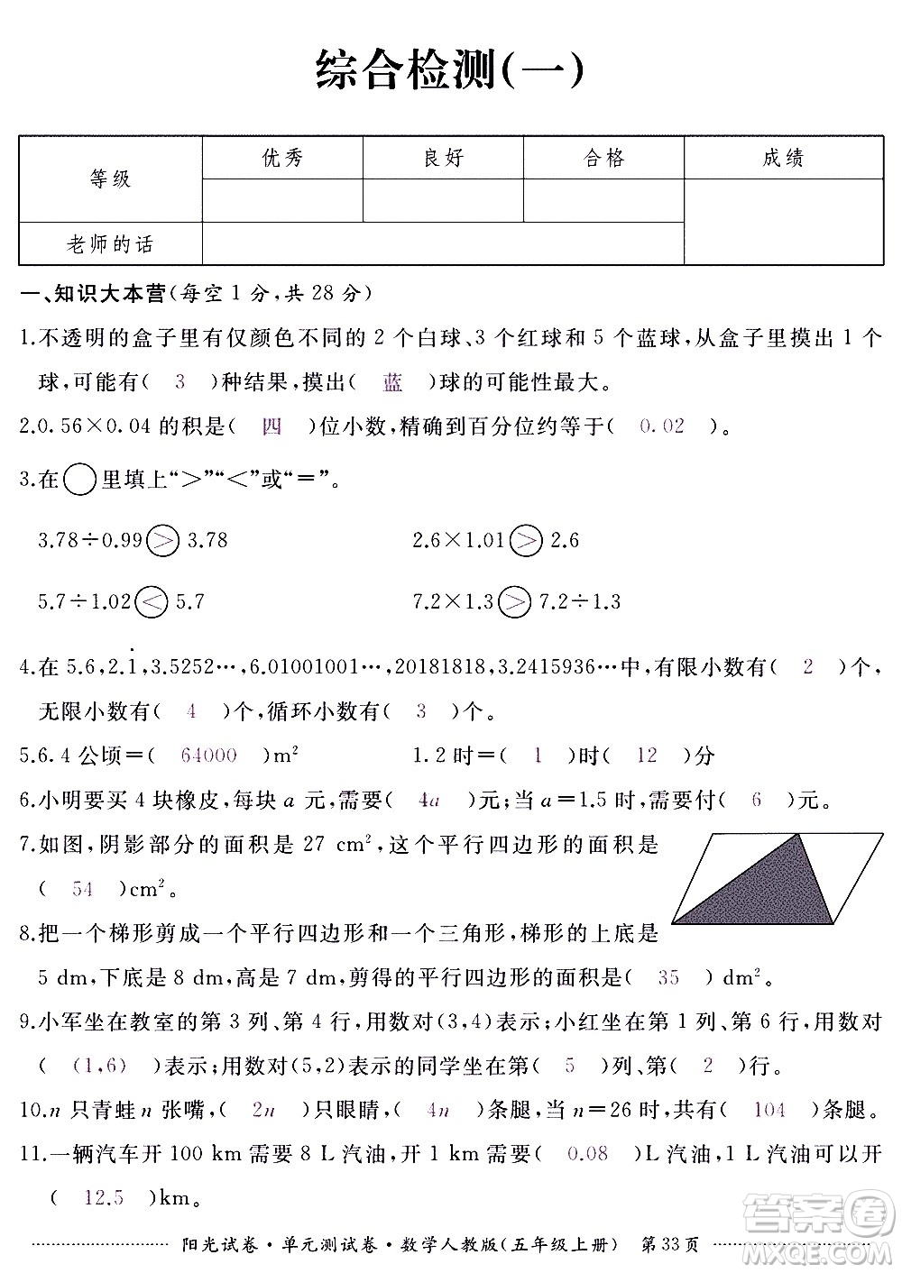 江西高校出版社2020陽光試卷單元測(cè)試卷數(shù)學(xué)五年級(jí)上冊(cè)人教版答案
