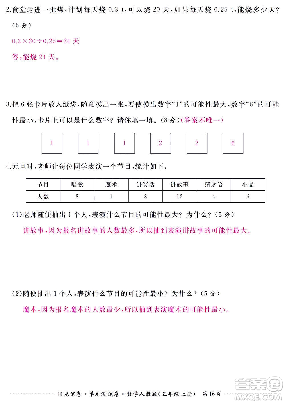 江西高校出版社2020陽光試卷單元測(cè)試卷數(shù)學(xué)五年級(jí)上冊(cè)人教版答案