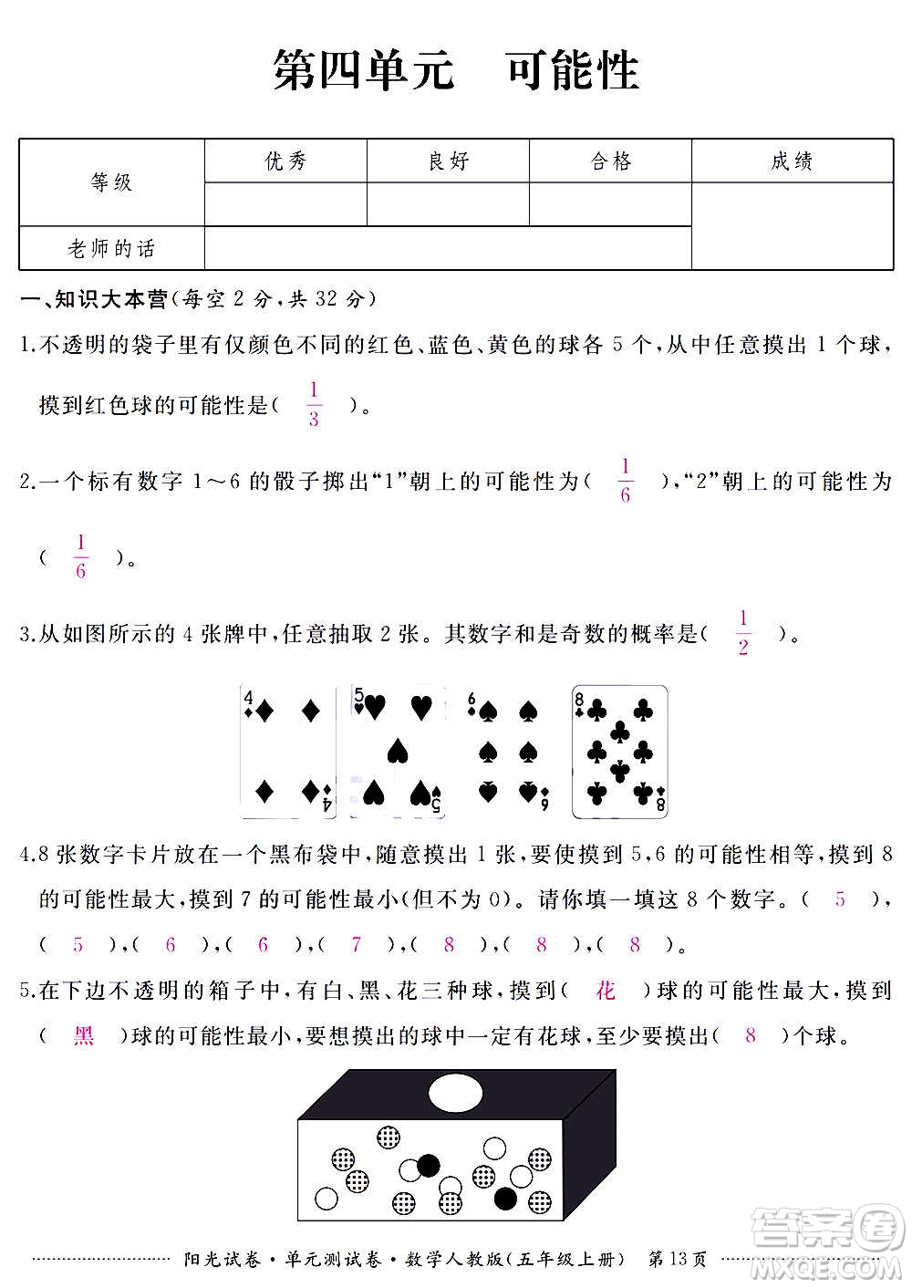 江西高校出版社2020陽光試卷單元測(cè)試卷數(shù)學(xué)五年級(jí)上冊(cè)人教版答案