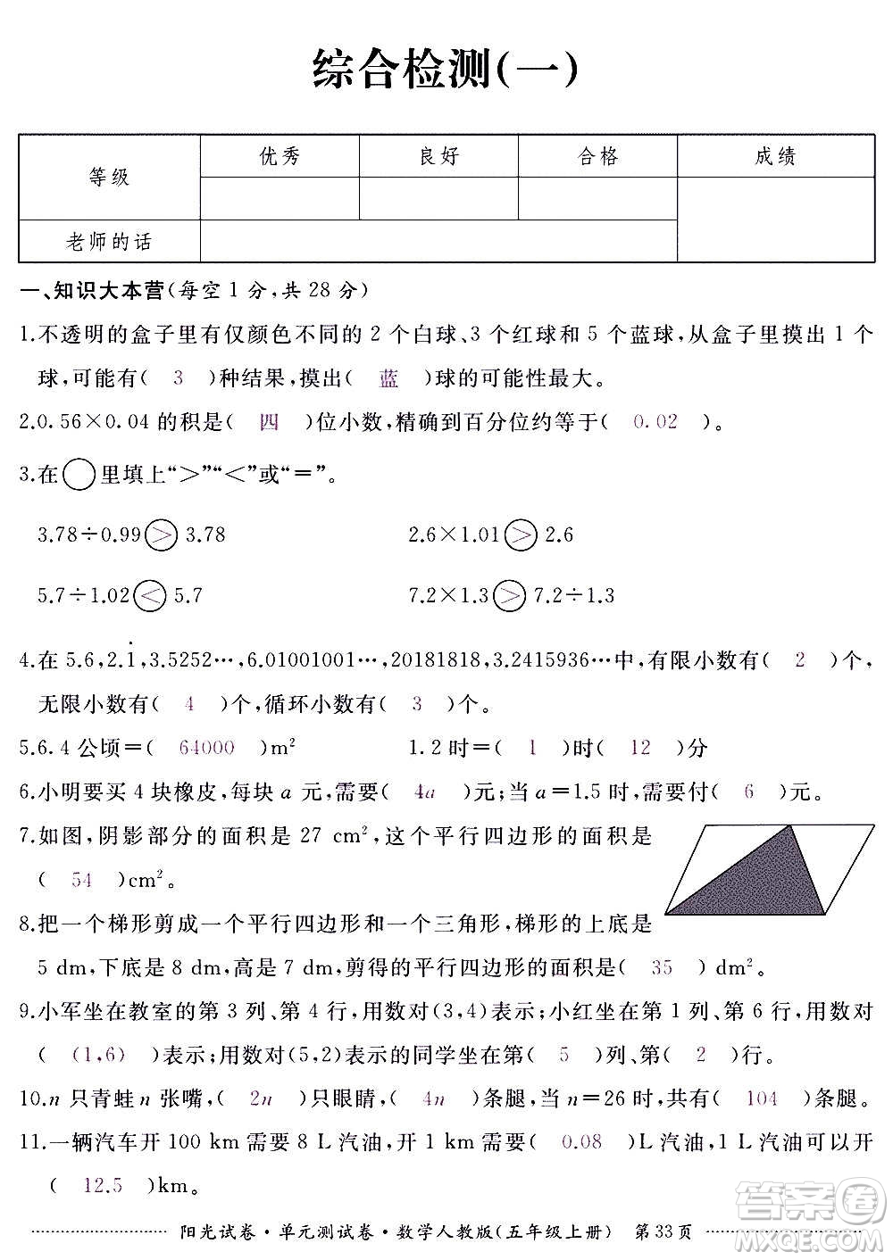 江西高校出版社2020陽光試卷單元測(cè)試卷數(shù)學(xué)五年級(jí)上冊(cè)人教版答案