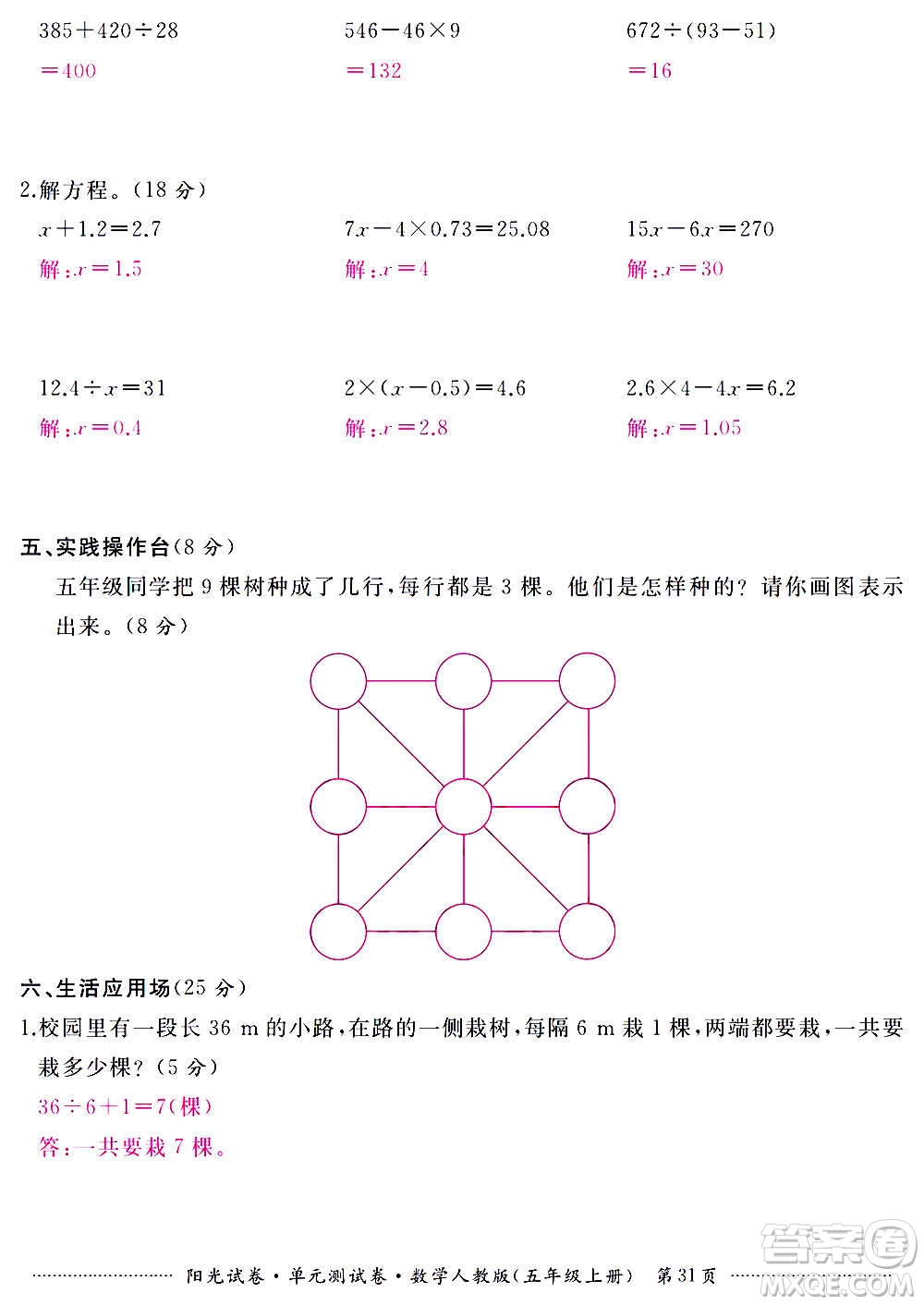 江西高校出版社2020陽光試卷單元測(cè)試卷數(shù)學(xué)五年級(jí)上冊(cè)人教版答案