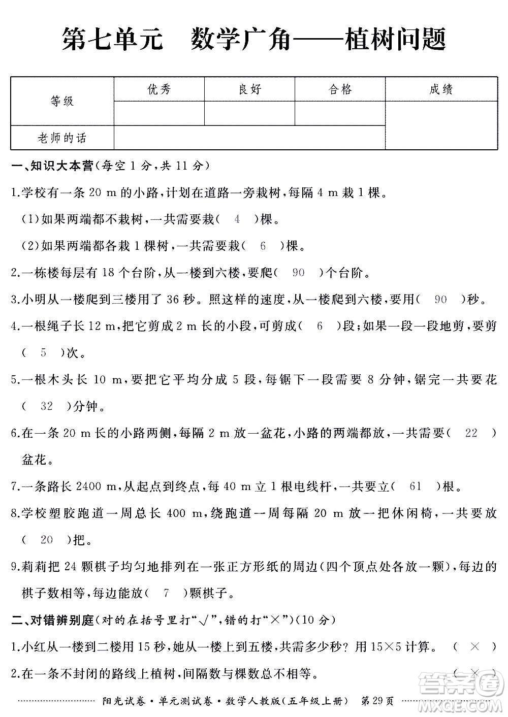 江西高校出版社2020陽光試卷單元測(cè)試卷數(shù)學(xué)五年級(jí)上冊(cè)人教版答案