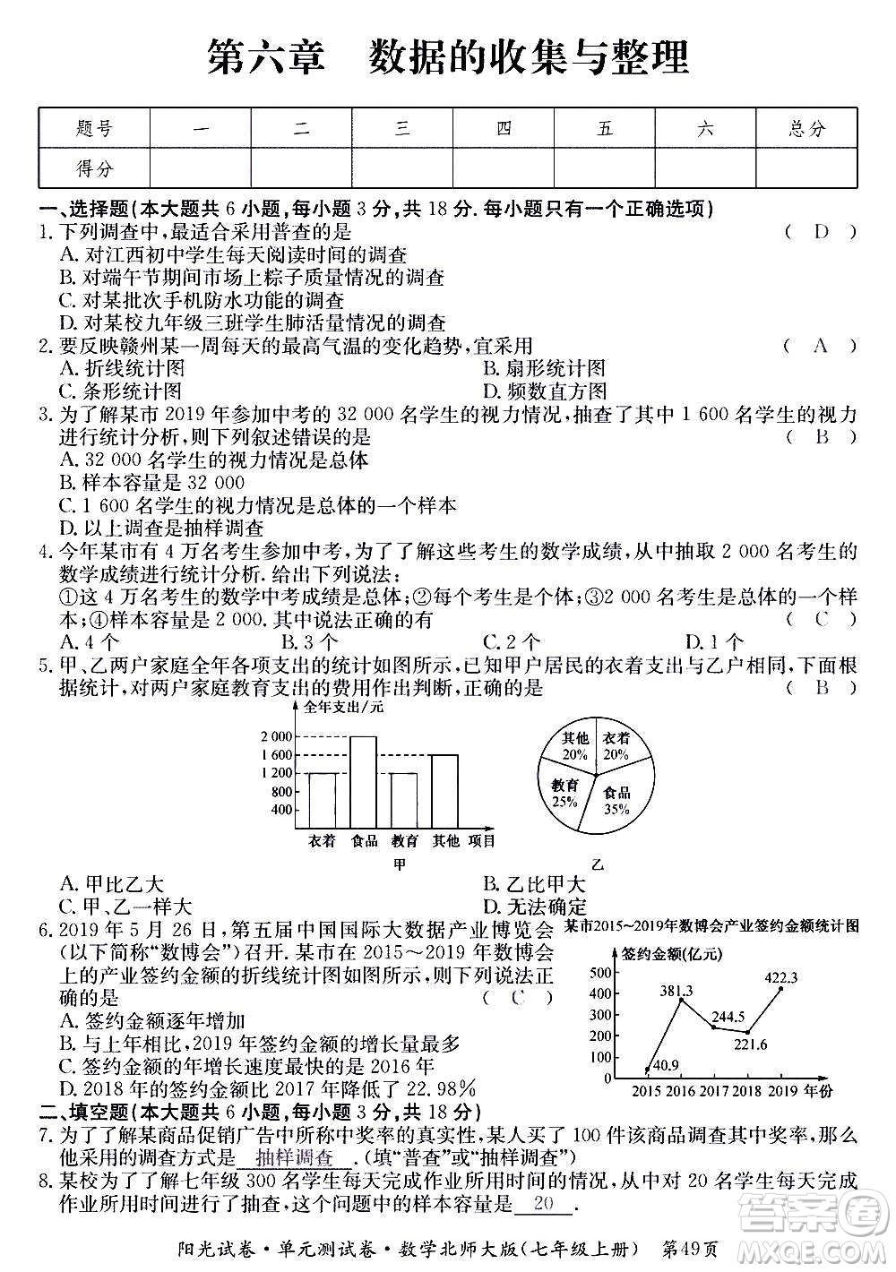 江西高校出版社2020陽光試卷單元測試卷數學七年級上冊北師大版答案