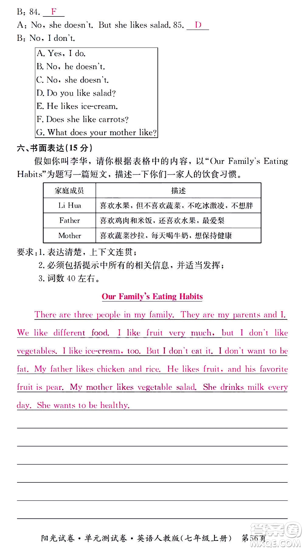 江西高校出版社2020陽光試卷單元測(cè)試卷英語七年級(jí)上冊(cè)人教版答案