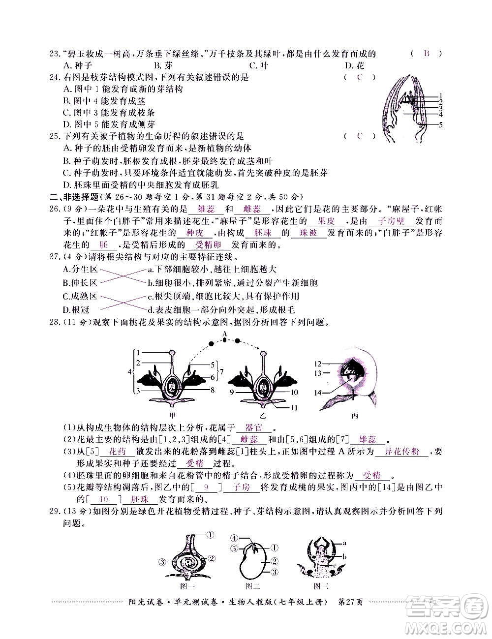 江西高校出版社2020陽光試卷單元測試卷生物七年級上冊人教版答案