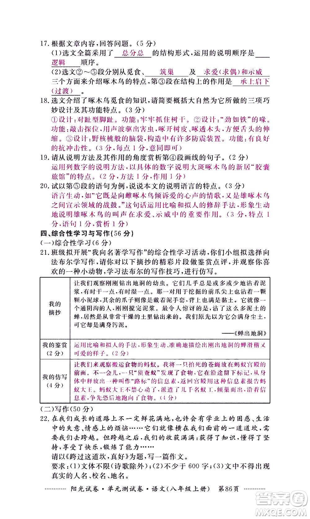 江西高校出版社2020陽(yáng)光試卷單元測(cè)試卷語(yǔ)文八年級(jí)上冊(cè)人教版答案