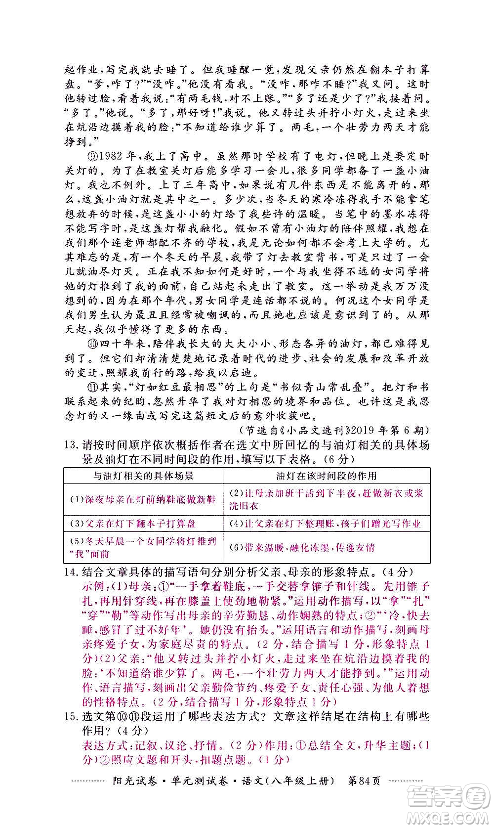 江西高校出版社2020陽(yáng)光試卷單元測(cè)試卷語(yǔ)文八年級(jí)上冊(cè)人教版答案