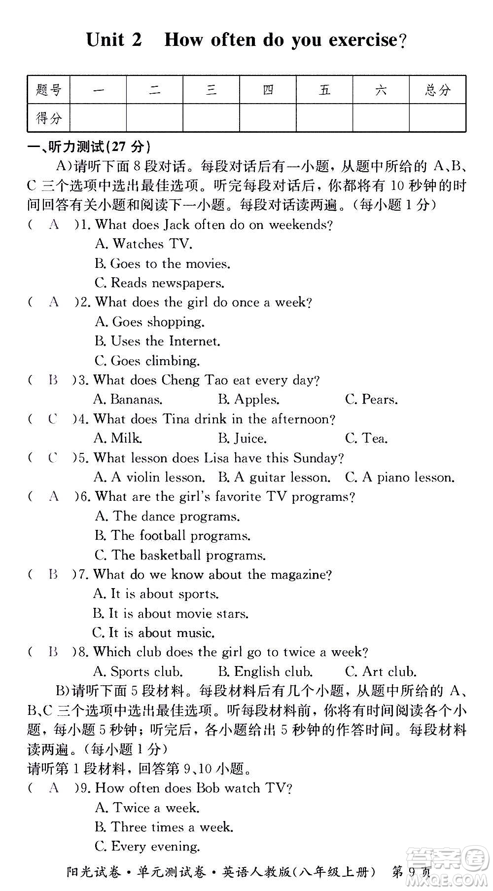 江西高校出版社2020陽(yáng)光試卷單元測(cè)試卷英語(yǔ)八年級(jí)上冊(cè)人教版答案