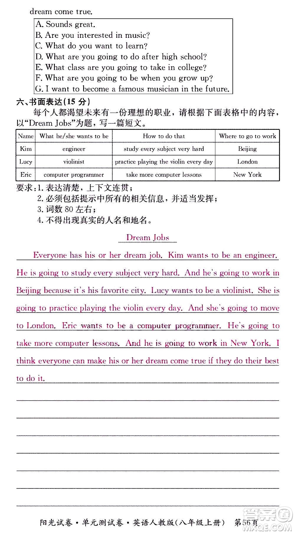 江西高校出版社2020陽(yáng)光試卷單元測(cè)試卷英語(yǔ)八年級(jí)上冊(cè)人教版答案