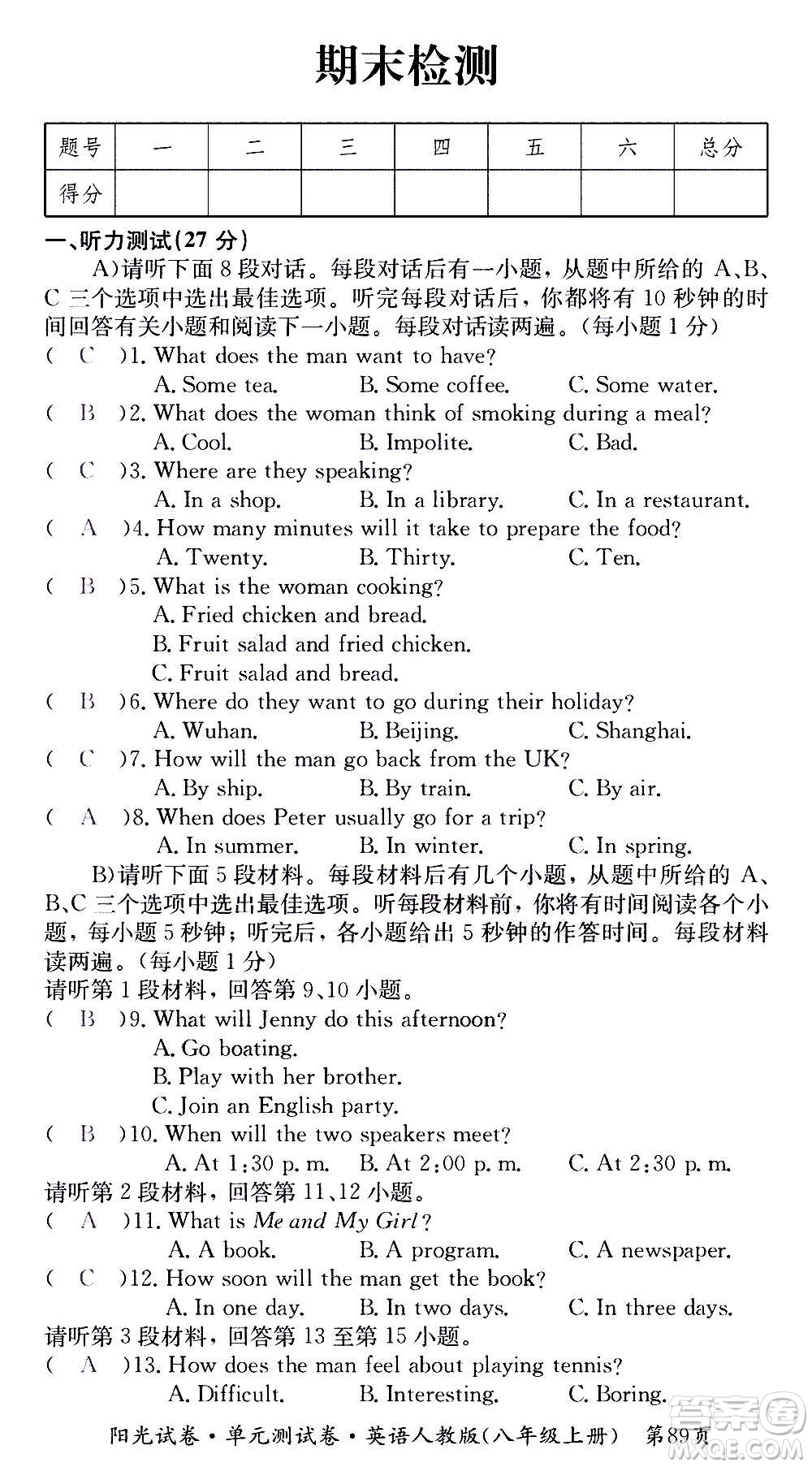 江西高校出版社2020陽(yáng)光試卷單元測(cè)試卷英語(yǔ)八年級(jí)上冊(cè)人教版答案