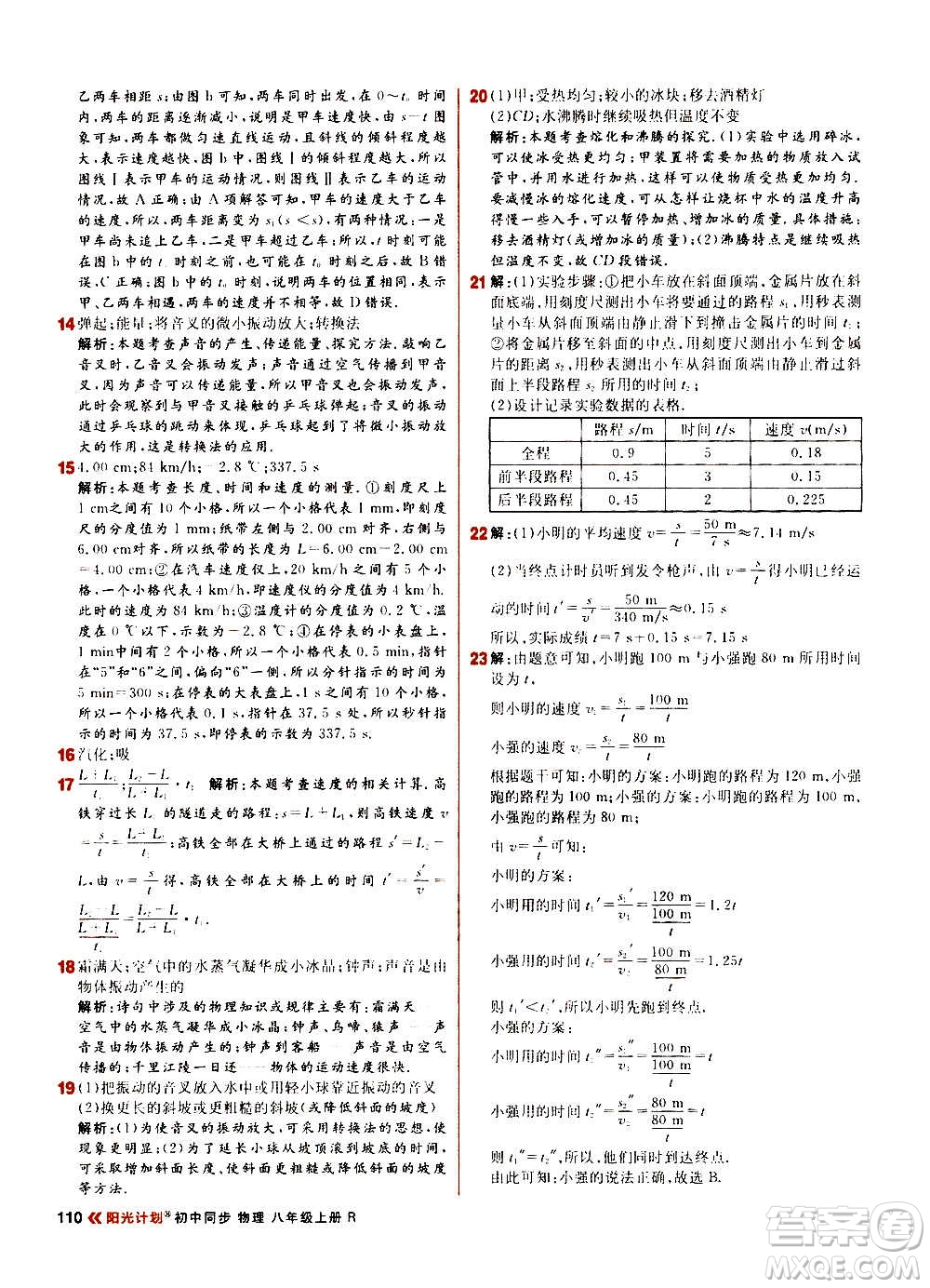 黑龍江教育出版社2021新版陽光計(jì)劃初中同步物理八年級(jí)上冊(cè)R人教版答案