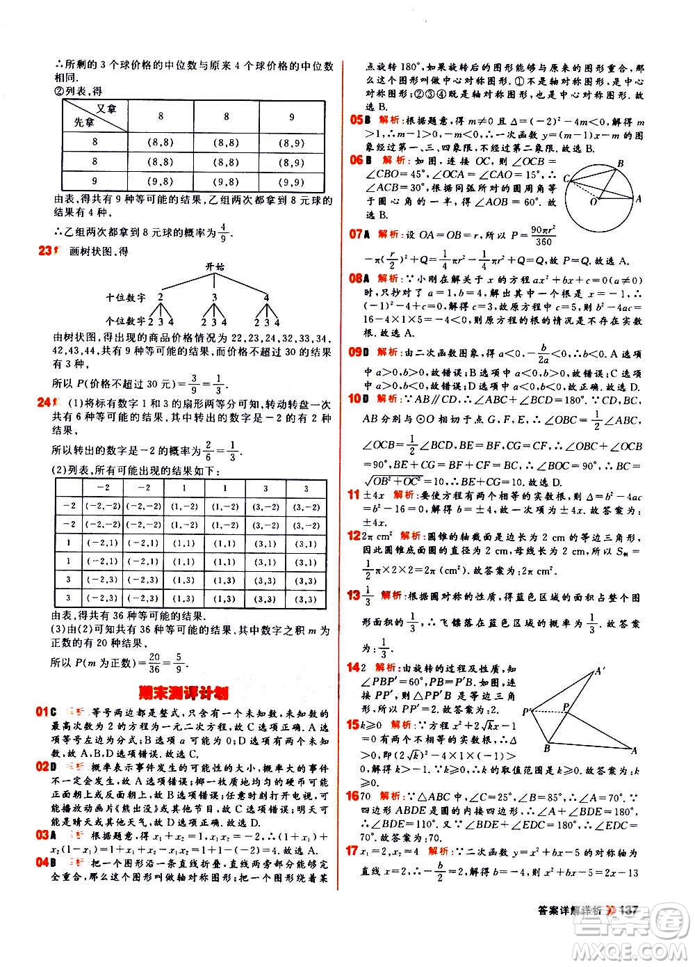 黑龍江教育出版社2021新版陽光計(jì)劃初中同步數(shù)學(xué)九年級上冊R人教版答案