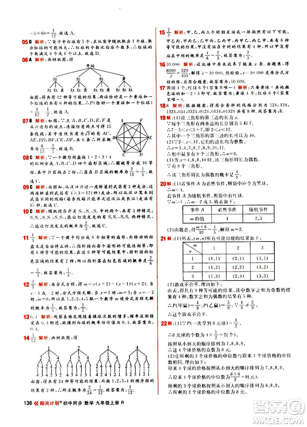 黑龍江教育出版社2021新版陽光計(jì)劃初中同步數(shù)學(xué)九年級上冊R人教版答案