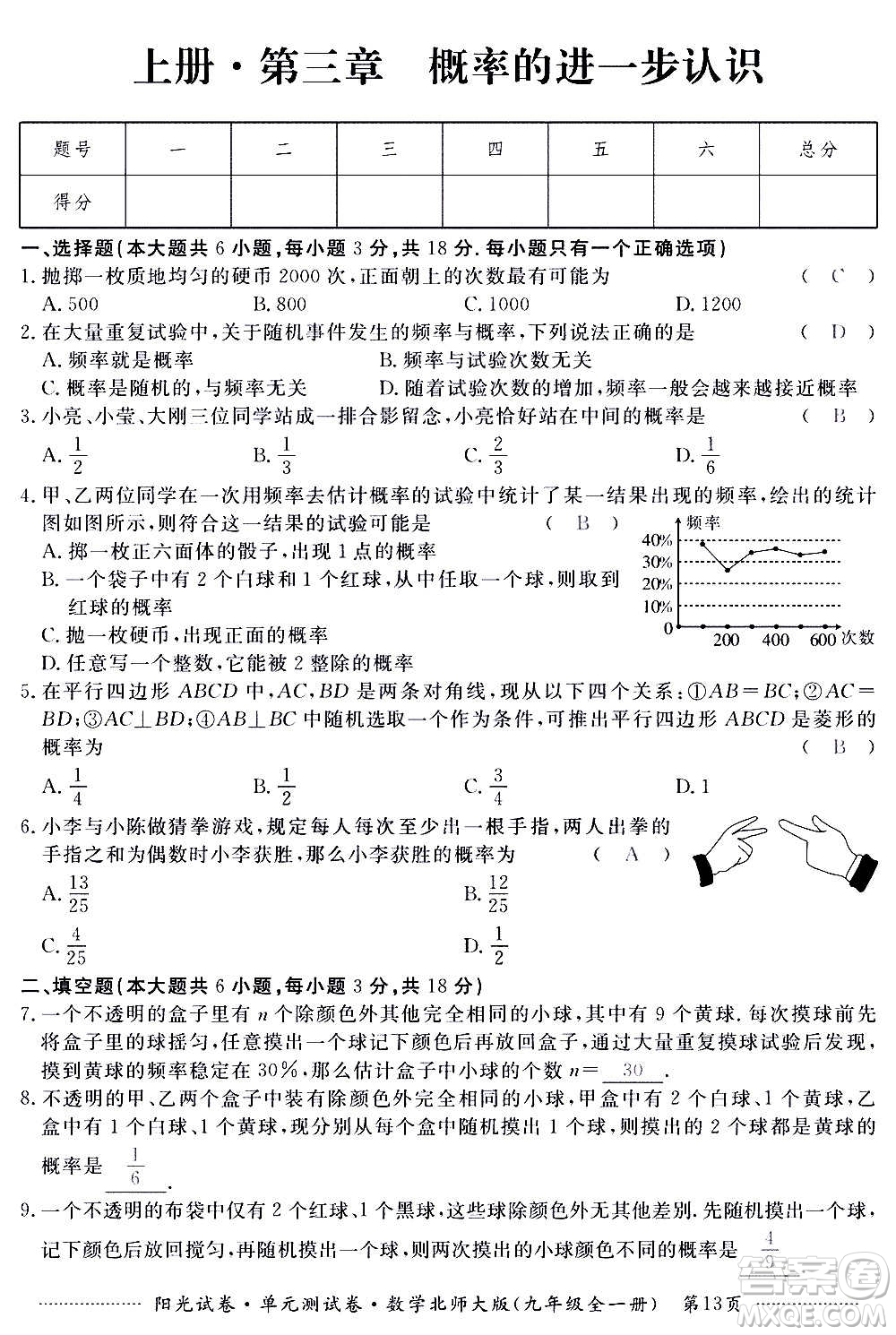 江西高校出版社2020陽光試卷單元測試卷數(shù)學(xué)九年級全一冊北師大版答案