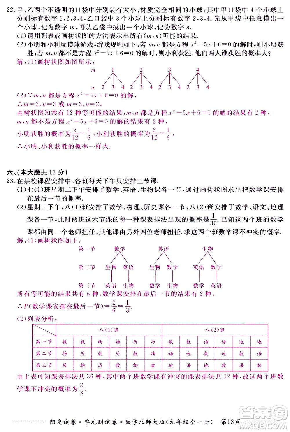 江西高校出版社2020陽光試卷單元測試卷數(shù)學(xué)九年級全一冊北師大版答案