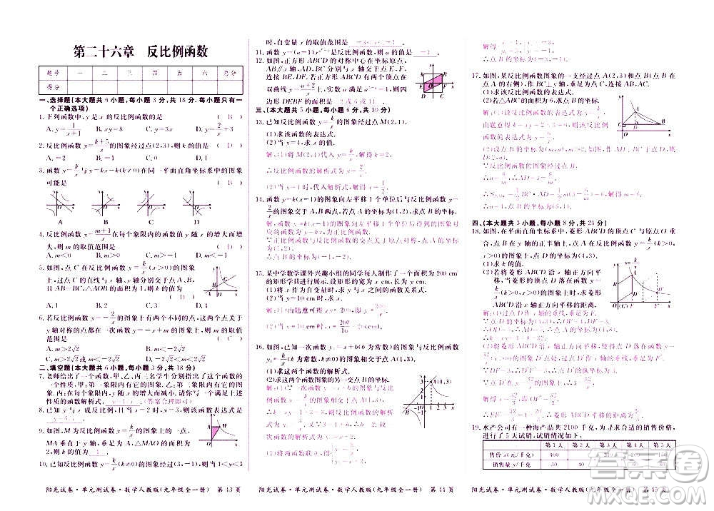 江西高校出版社2020陽光試卷單元測試卷數(shù)學九年級全一冊人教版答案