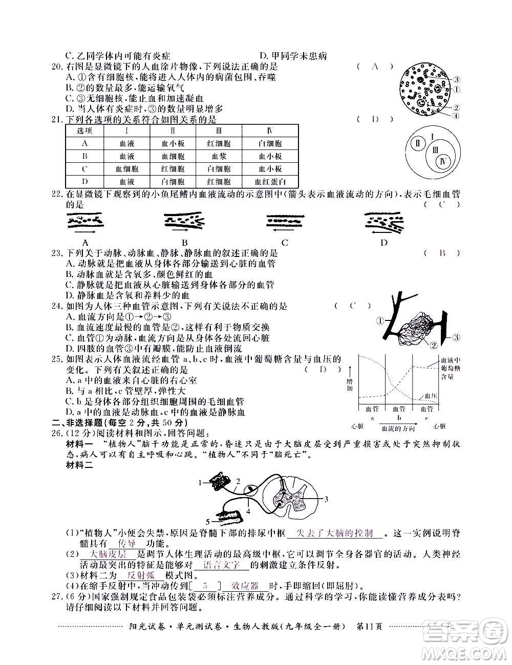江西高校出版社2020陽光試卷單元測試卷生物九年級全一冊人教版答案