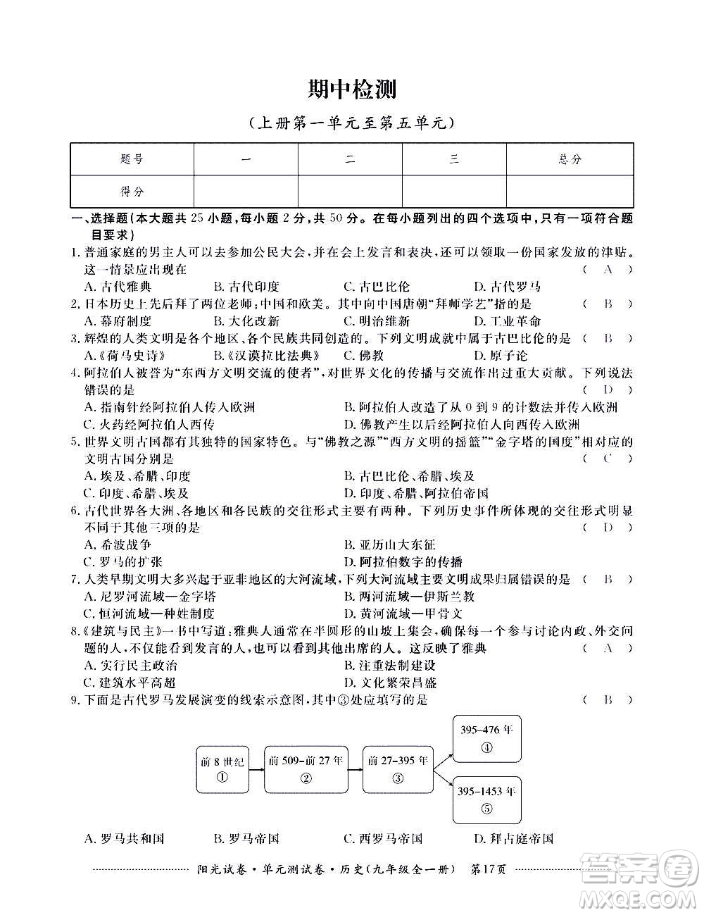 江西高校出版社2020陽(yáng)光試卷單元測(cè)試卷歷史九年級(jí)全一冊(cè)部編版答案