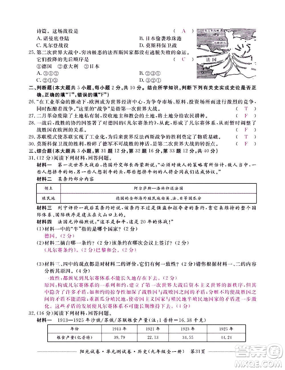 江西高校出版社2020陽(yáng)光試卷單元測(cè)試卷歷史九年級(jí)全一冊(cè)部編版答案