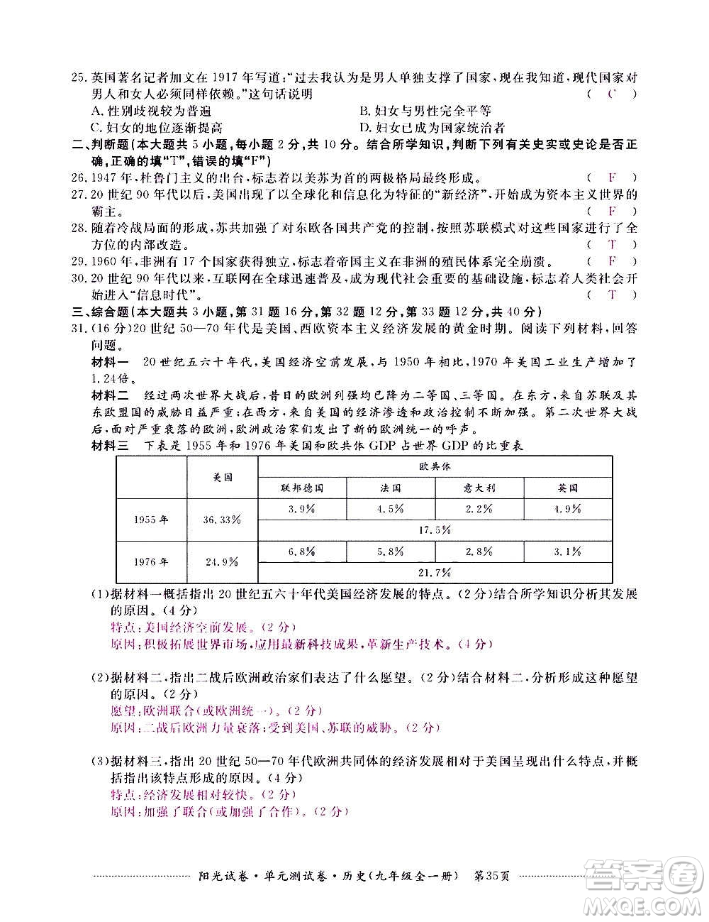 江西高校出版社2020陽(yáng)光試卷單元測(cè)試卷歷史九年級(jí)全一冊(cè)部編版答案