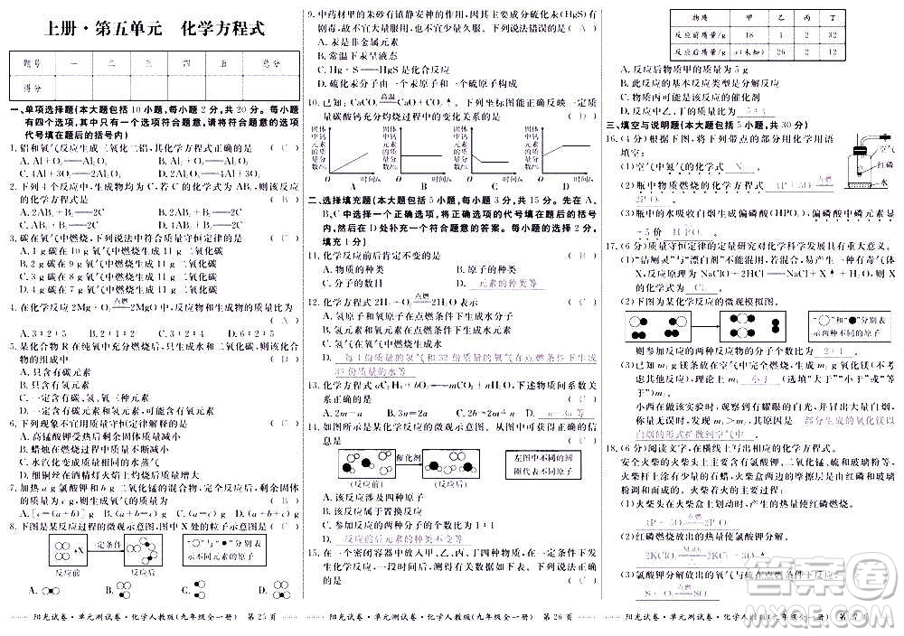 江西高校出版社2020陽光試卷單元測試卷化學(xué)九年級全一冊人教版答案