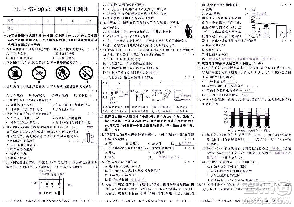 江西高校出版社2020陽光試卷單元測試卷化學(xué)九年級全一冊人教版答案