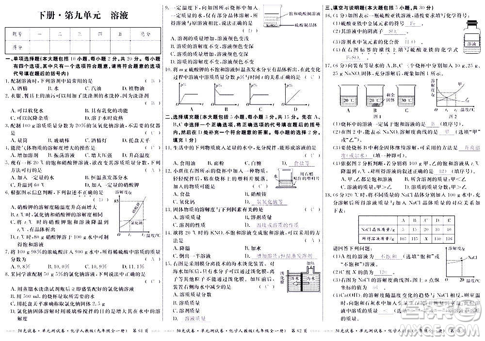江西高校出版社2020陽光試卷單元測試卷化學(xué)九年級全一冊人教版答案