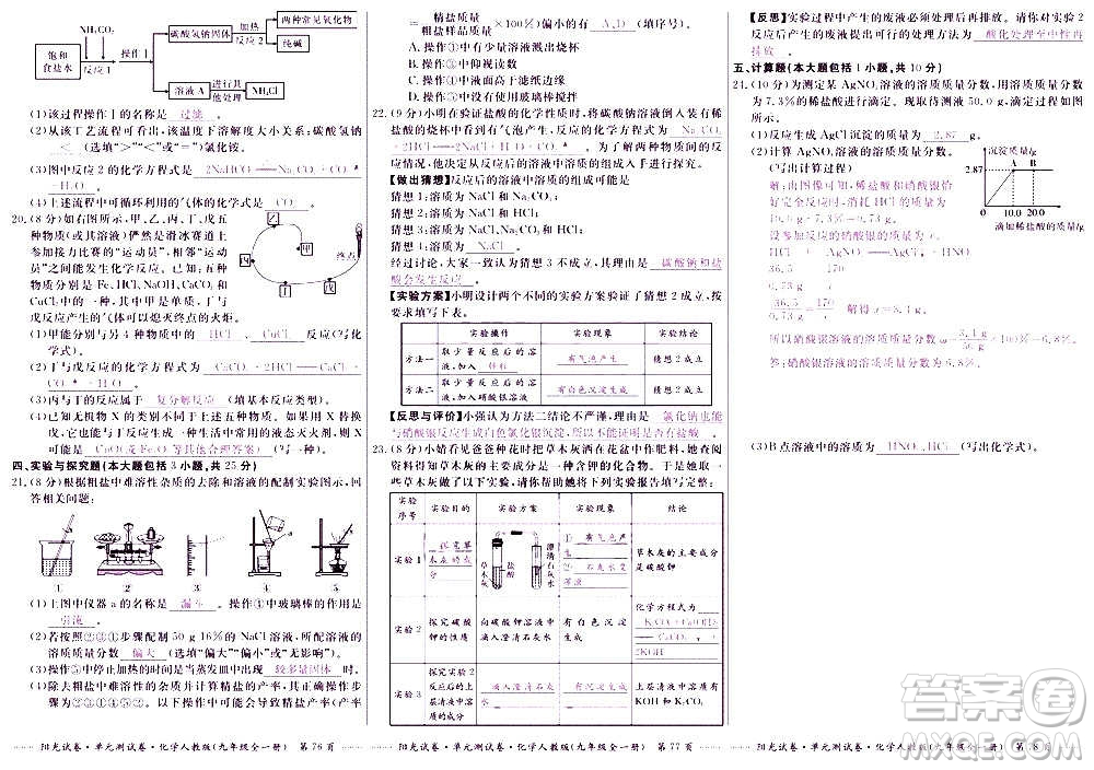 江西高校出版社2020陽光試卷單元測試卷化學(xué)九年級全一冊人教版答案