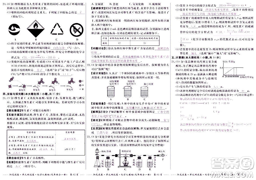 江西高校出版社2020陽光試卷單元測試卷化學(xué)九年級全一冊人教版答案
