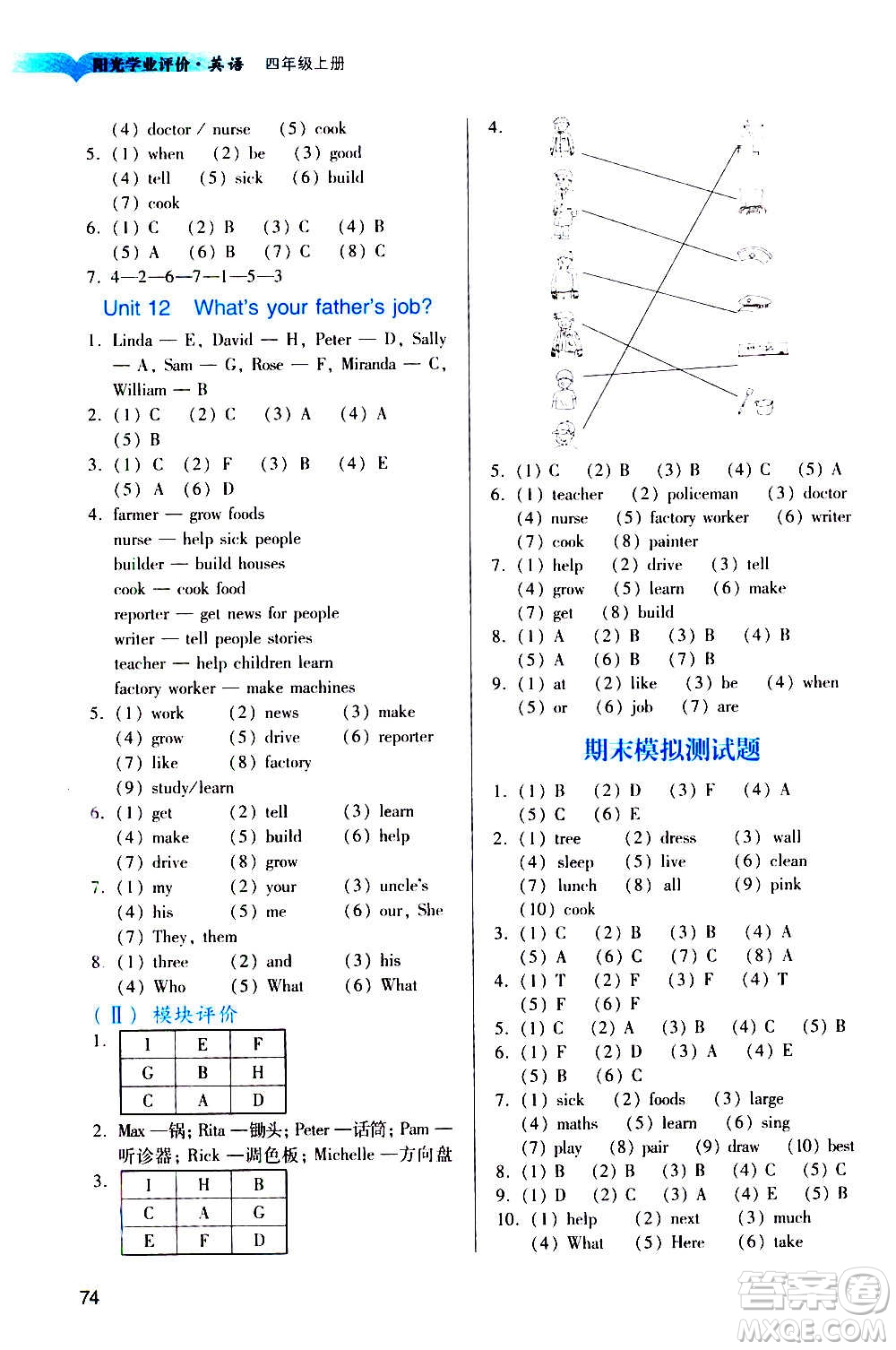 廣州出版社2020陽光學業(yè)評價英語四年級上冊教科版答案