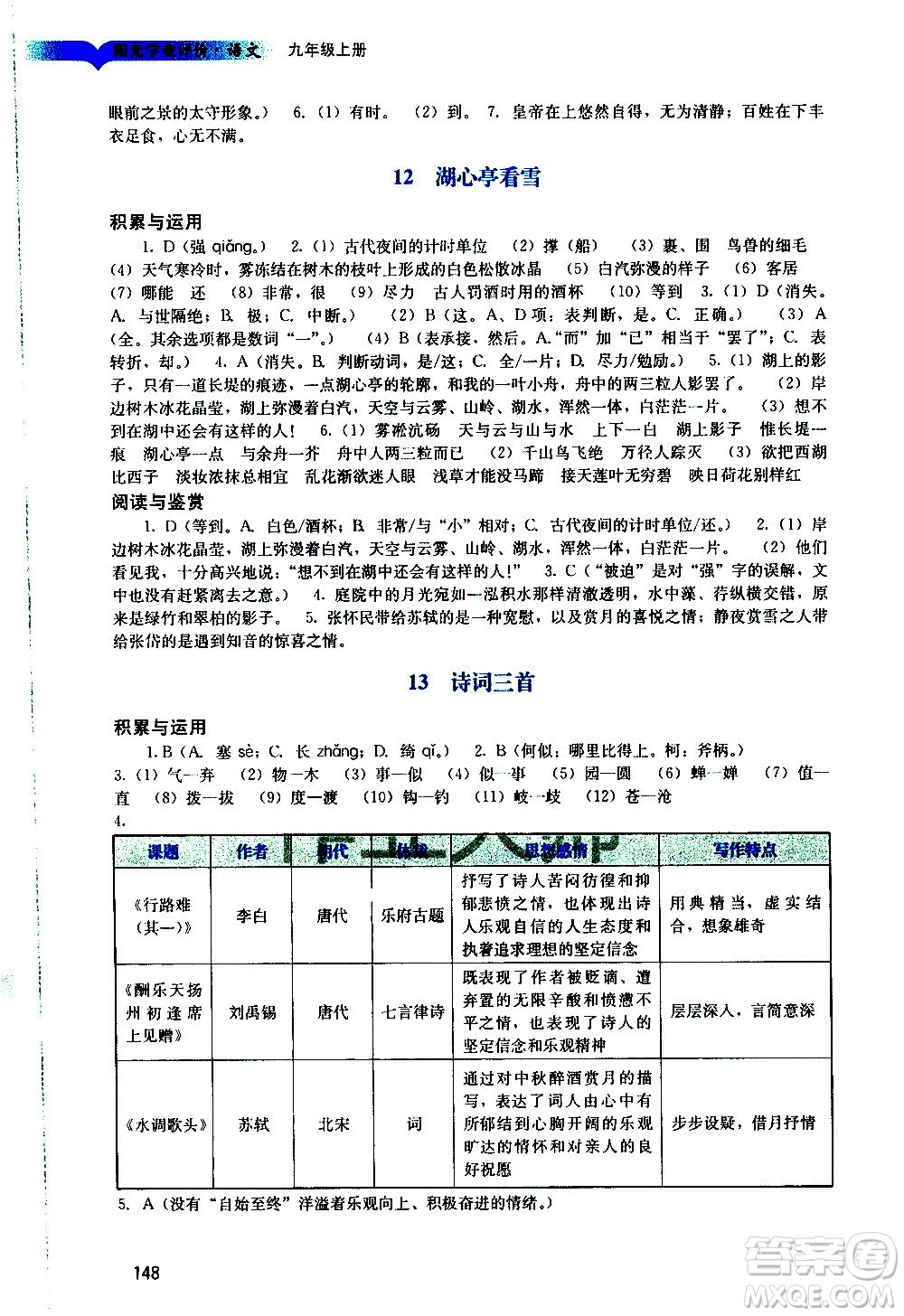 廣州出版社2020陽光學業(yè)評價語文九年級上冊人教版答案