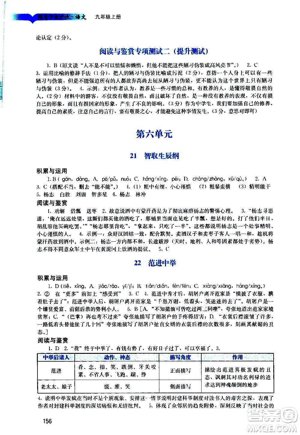 廣州出版社2020陽光學業(yè)評價語文九年級上冊人教版答案