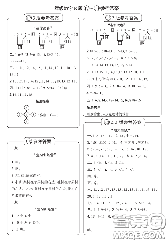 2020年時代學習報數(shù)學周刊小學數(shù)學R版一年級17-20答案